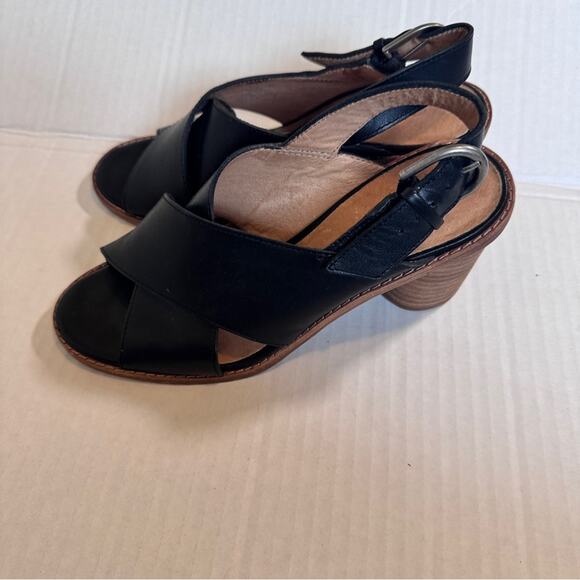 Madewell Black Leather Peep Toe Heels Women’s 6.5 Chunky Fall Slingback Sandals - Picture 4 of 9